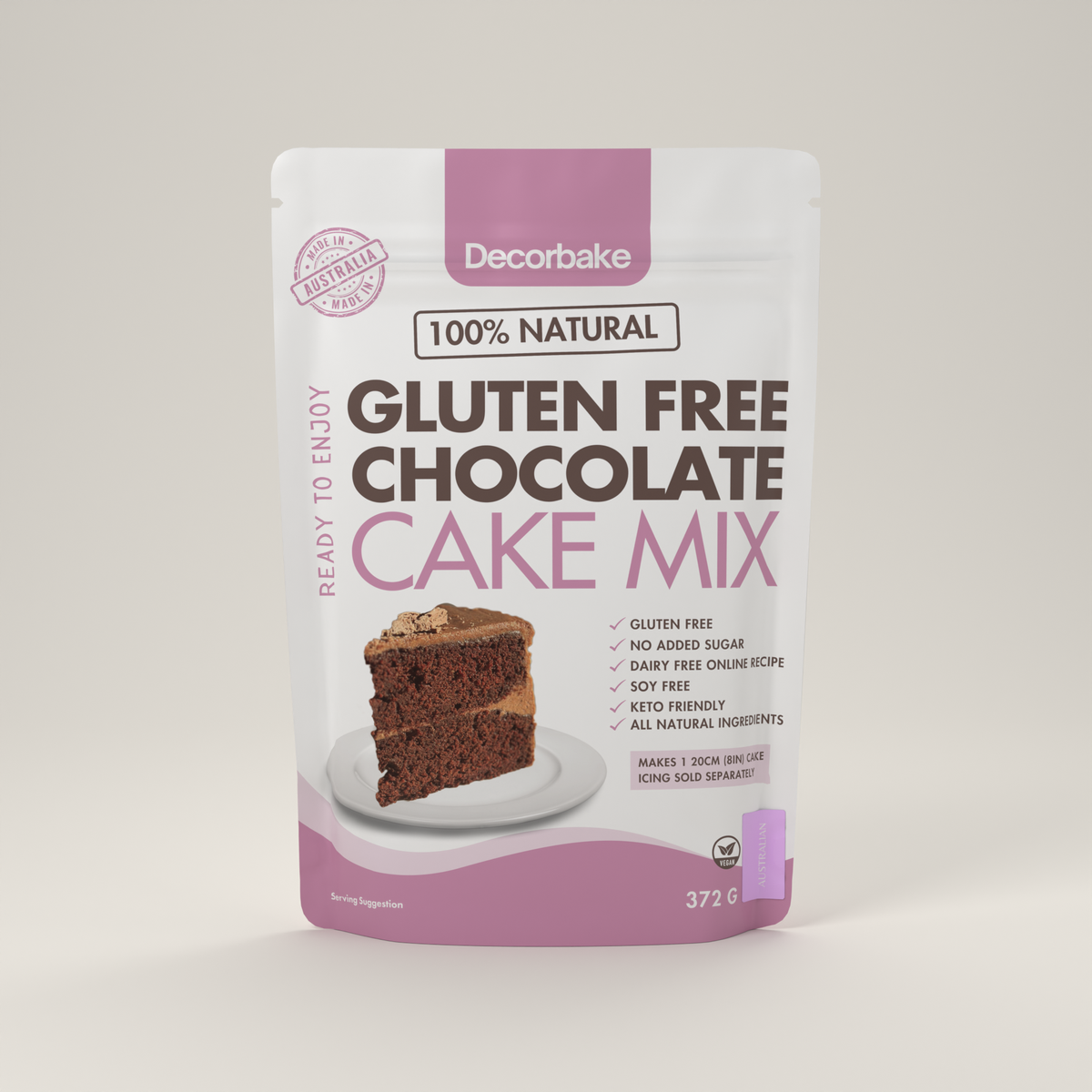 Front of Decorbake Gluten Free Chocolate Cake Mix 372 g pouch.