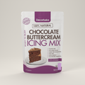 A stand-up pouch of Decorbake Chocolate Buttercream Icing Mix on a light gray studio background. The white and purple package features a photo of a chocolate cake slice and text highlighting natural ingredients and product benefits.