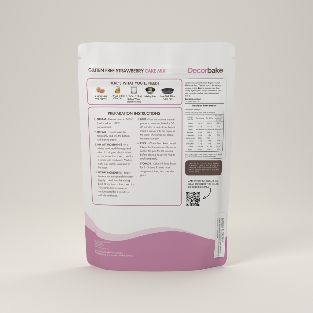 Decorbake Gluten Free Strawberry Cake Mix pouch shown from the back, featuring product information, preparation instructions, nutrition facts, and a QR code on a light gray background.
