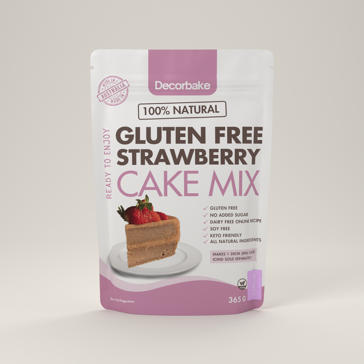 A stand-up pouch of Decorbake Gluten Free Strawberry Cake Mix on a light gray background. The packaging is white with pink accents, featuring a slice of strawberry cake, a '100% Natural' badge, and product details on the front.