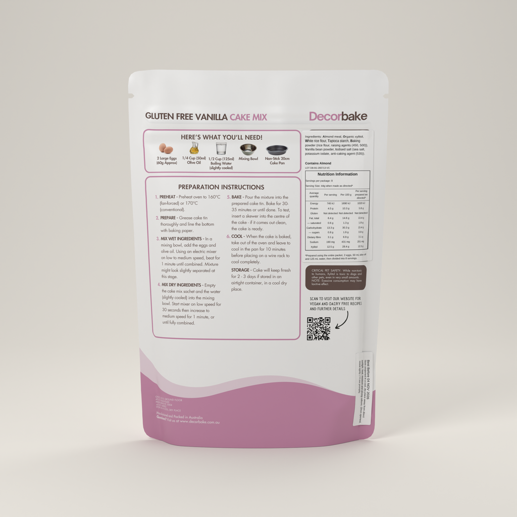Decor bake Gluten Free Vanilla Cake Mix pouch shown from the back, featuring product information, preparation instructions, and a QR code on a light gray background.